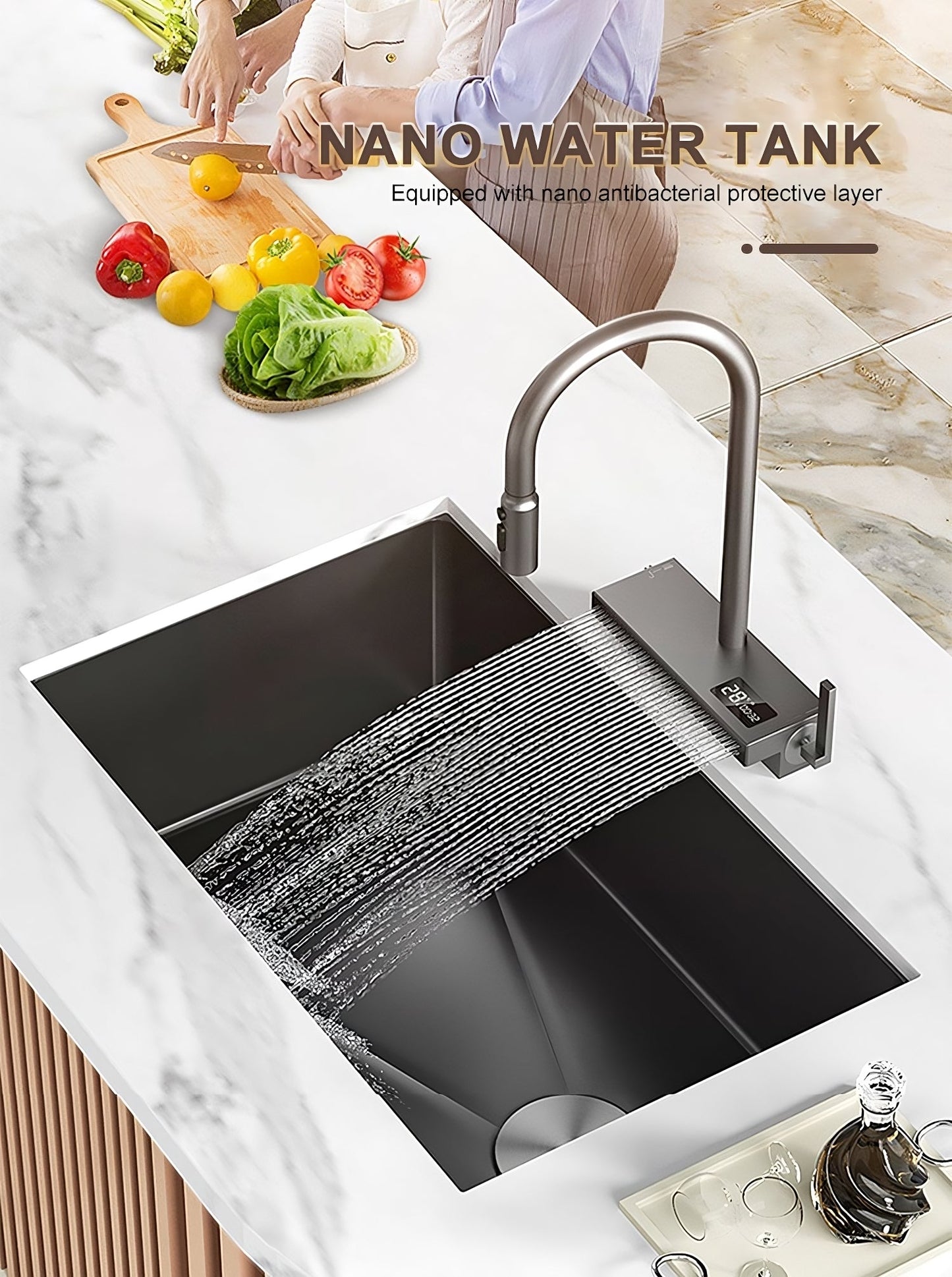 ULOVEHOUSE Black Stainless Steel Sink with Waterfall Design, Large Single Basin for Kitchen