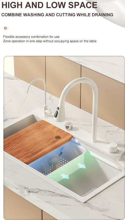 ULOVEHOUSE White Sink Made of Nano 304 Stainless Steel with Waterfall Faucet for Kitchen