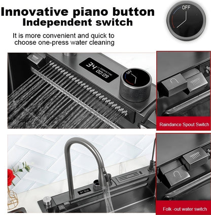 ULOVEHOUSE Stainless Steel Waterfall Sink 304 with Digital Display Multifunction Touch for Kitchen