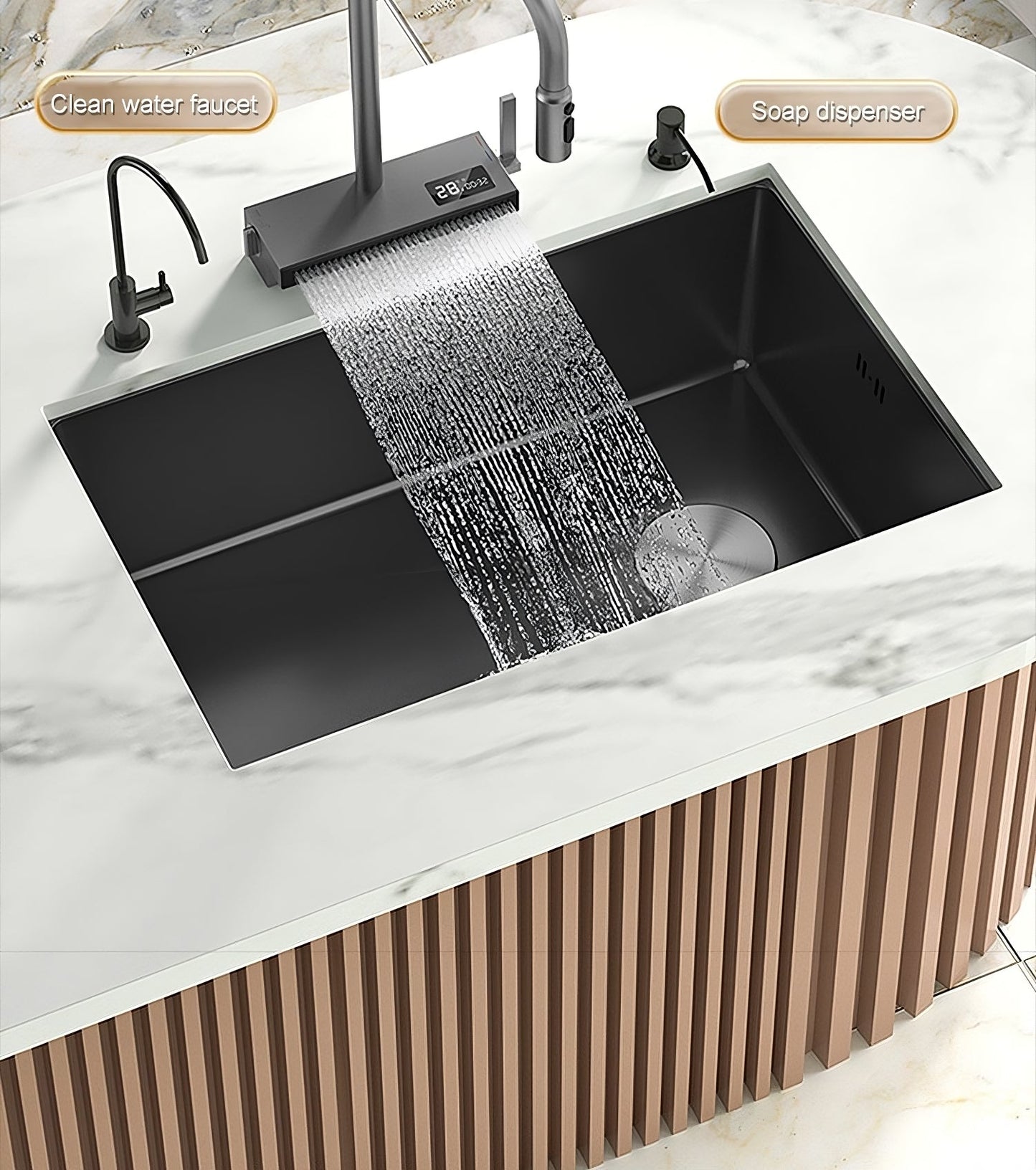 ULOVEHOUSE Black Stainless Steel Sink with Waterfall Design, Large Single Basin for Kitchen