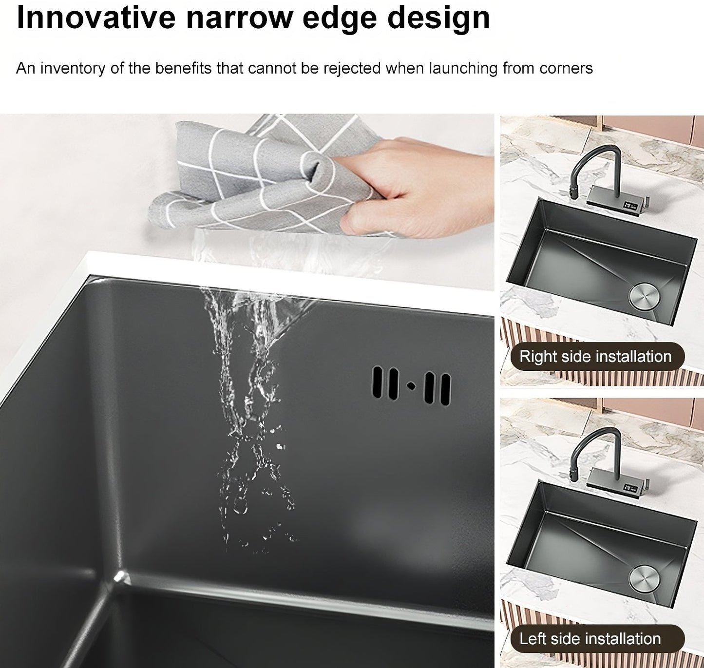 ULOVEHOUSE Black Stainless Steel Sink with Waterfall Design, Large Single Basin for Kitchen