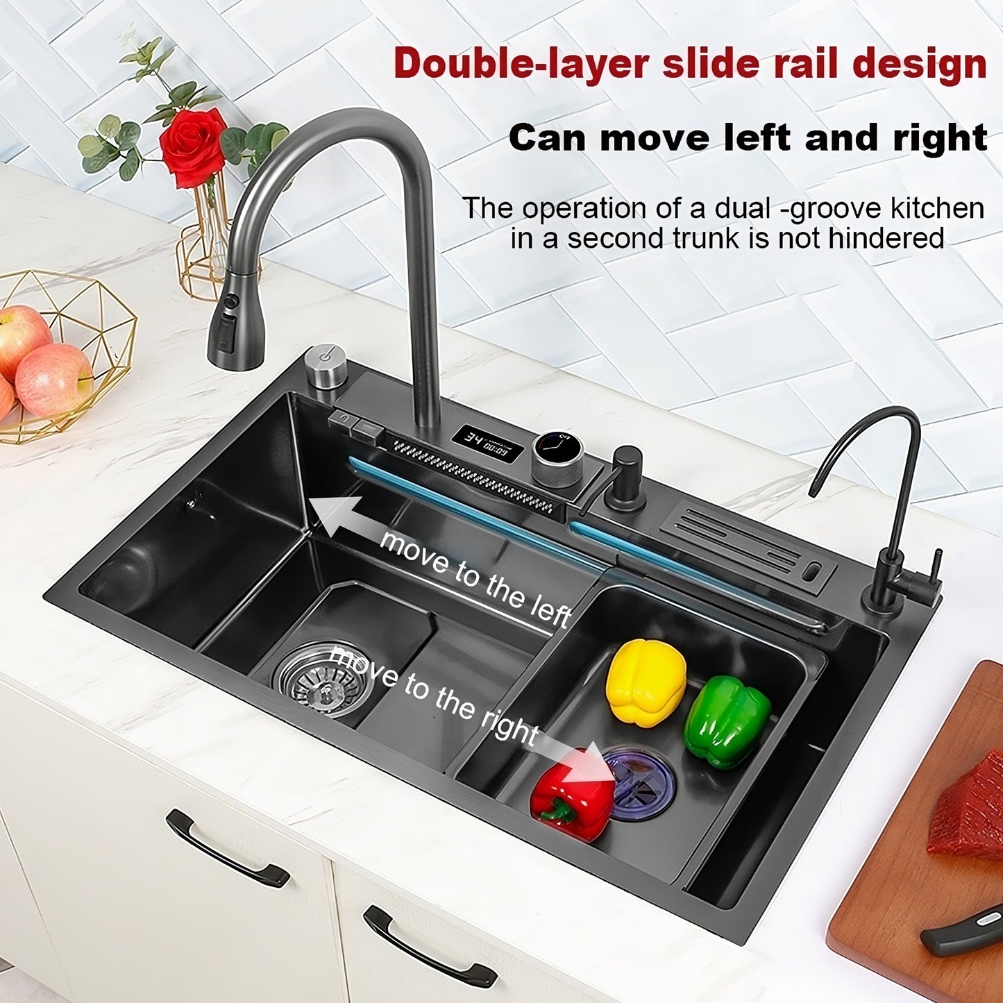 ULOVEHOUSE Stainless Steel Waterfall Sink 304 with Digital Display Multifunction Touch for Kitchen