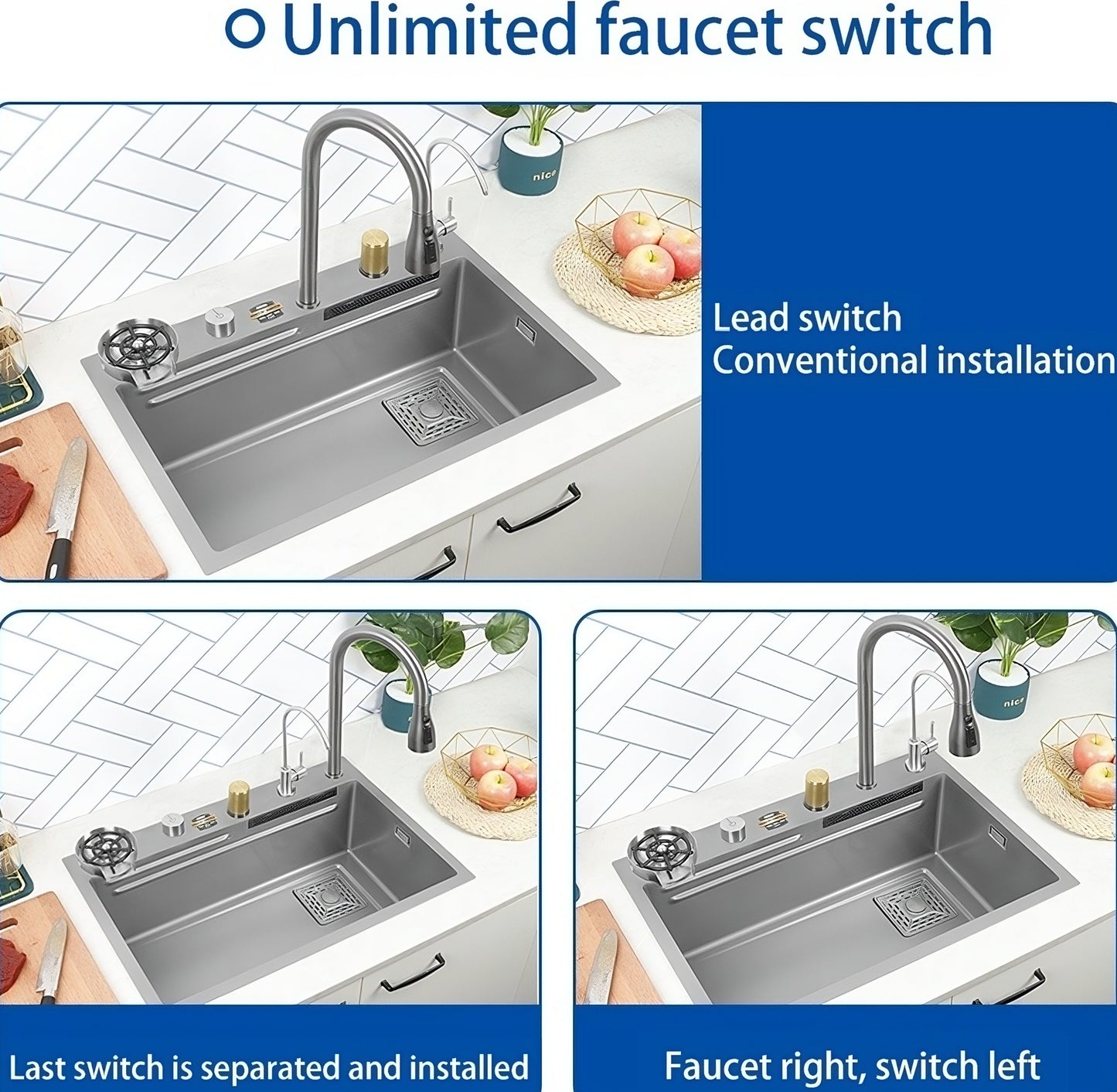 ULOVEHOUSE Large Single Slot 304 Stainless Steel Sink with Multifunction Touch Faucet for Kitchen