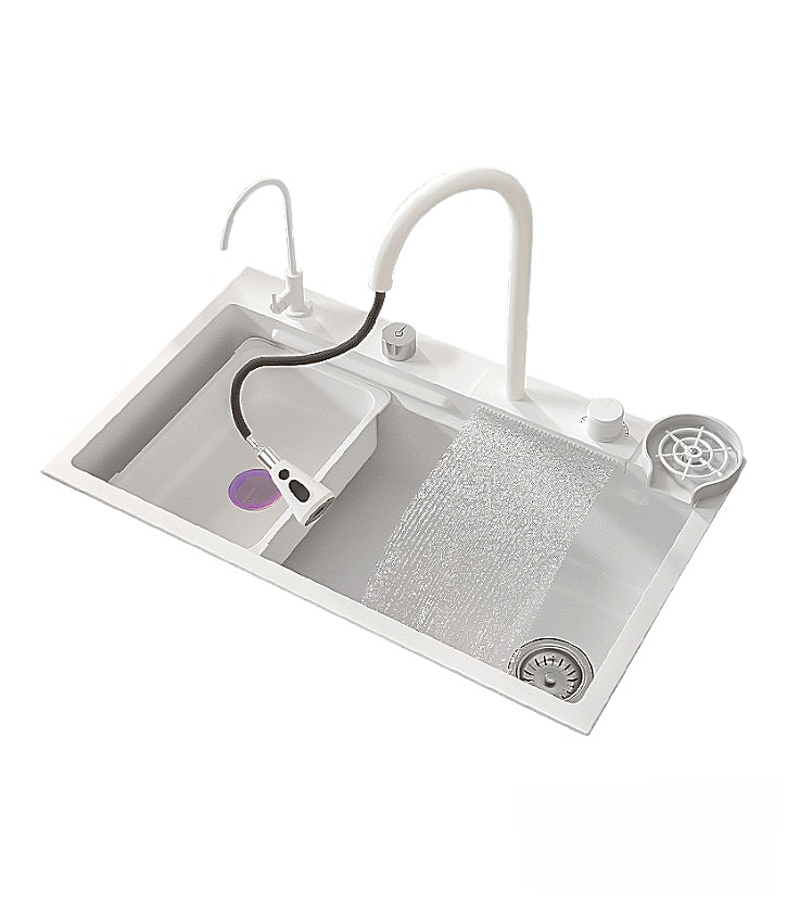 ULOVEHOUSE White Sink Made of Nano 304 Stainless Steel with Waterfall Faucet for Kitchen