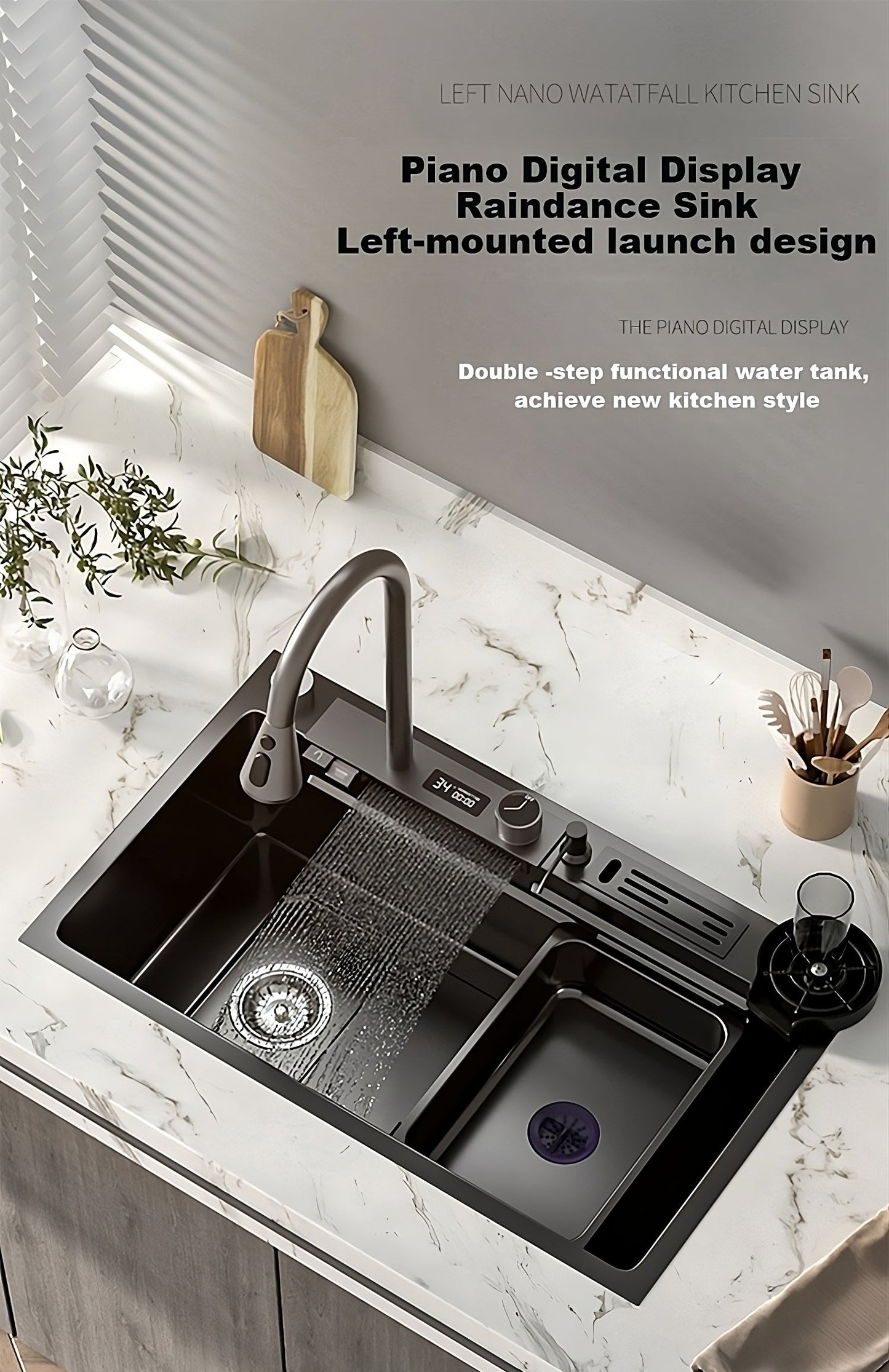 ULOVEHOUSE Stainless Steel Waterfall Sink 304 with Digital Display Multifunction Touch for Kitchen