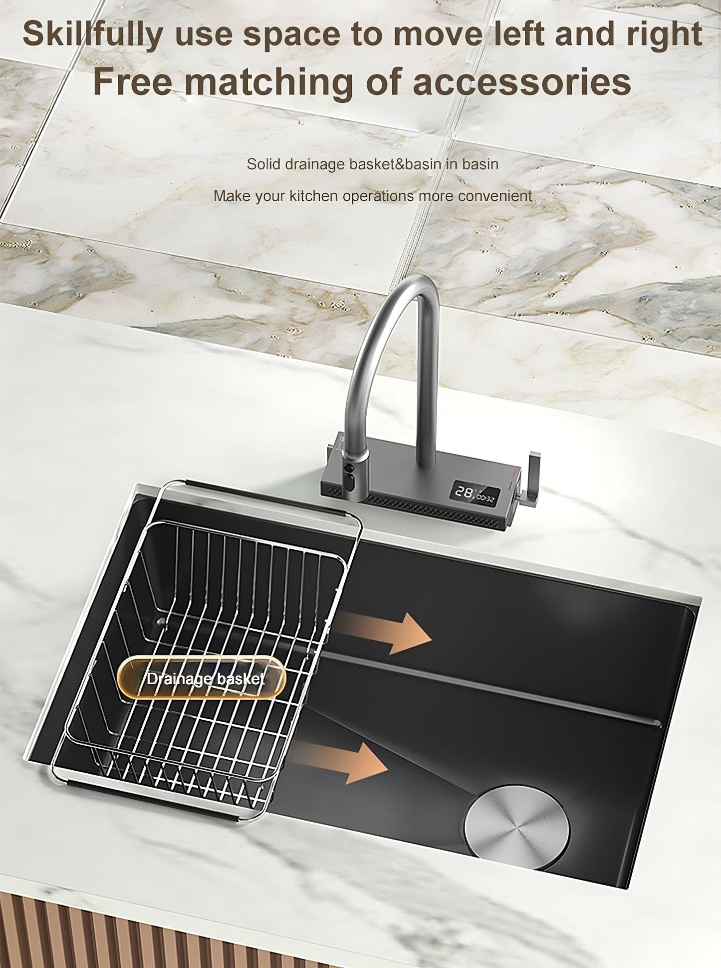 ULOVEHOUSE Black Stainless Steel Sink with Waterfall Design, Large Single Basin for Kitchen