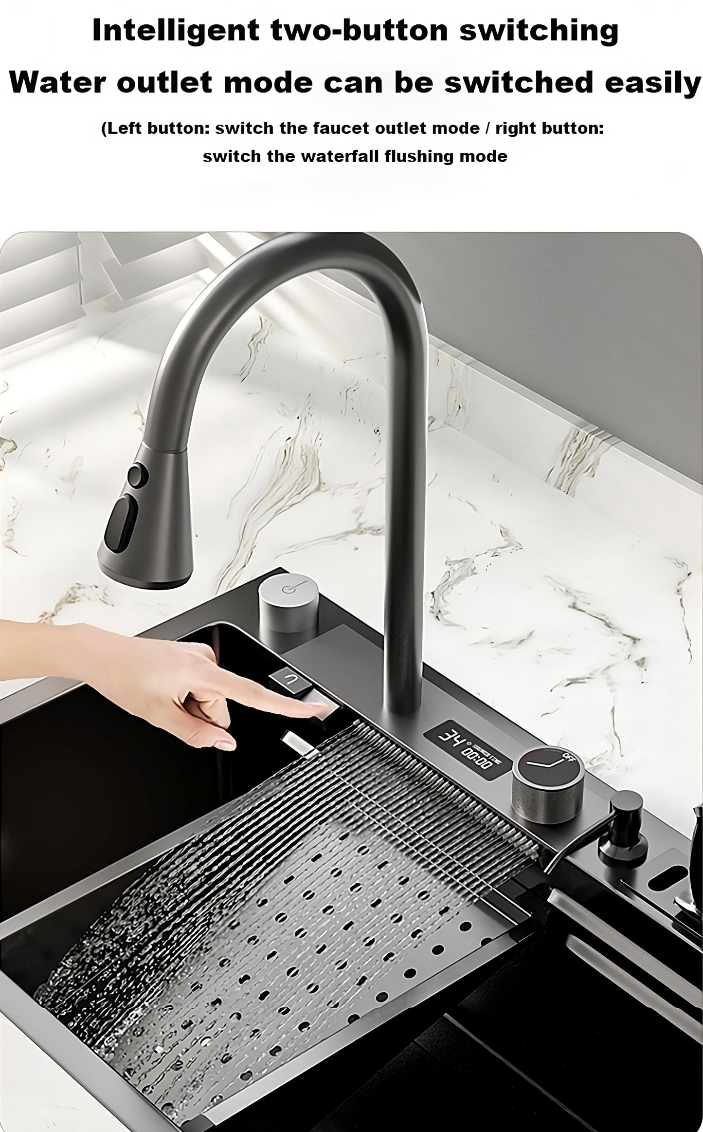 ULOVEHOUSE Stainless Steel Waterfall Sink 304 with Digital Display Multifunction Touch for Kitchen