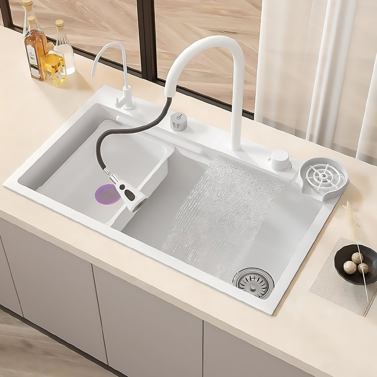 ULOVEHOUSE White Sink Made of Nano 304 Stainless Steel with Waterfall Faucet for Kitchen