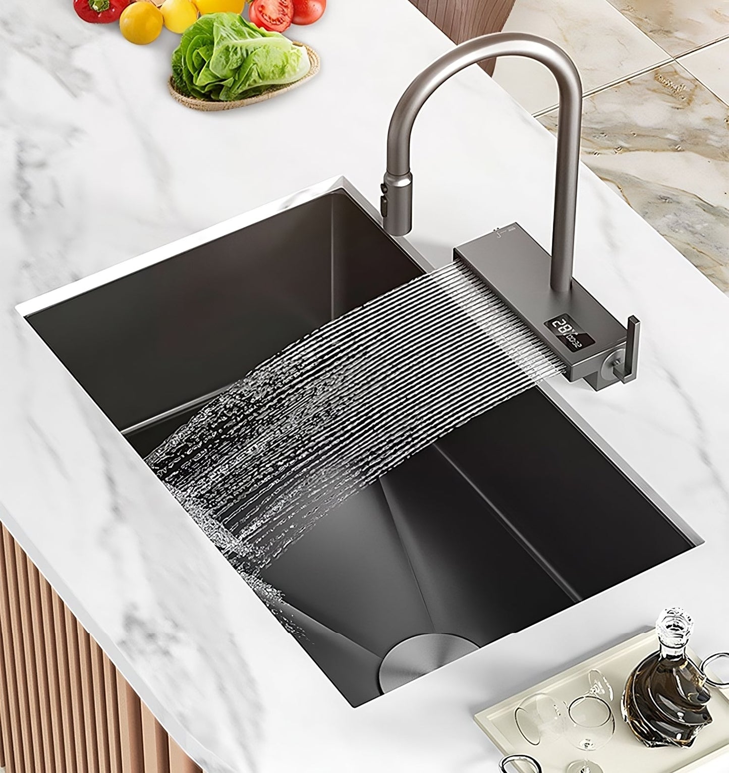 ULOVEHOUSE Black Stainless Steel Sink with Waterfall Design, Large Single Basin for Kitchen