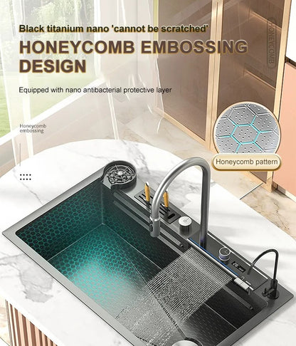 ULOVEHOUSE Digital Waterfall Kitchen Sink with Honeycomb Embossed Washbasin