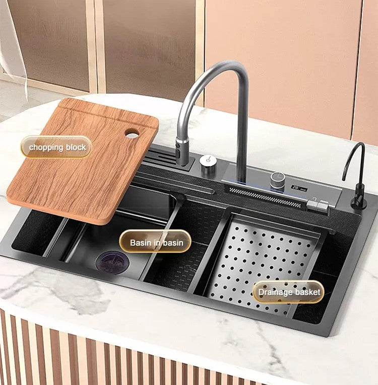 ULOVEHOUSE Digital Waterfall Kitchen Sink with Honeycomb Embossed Washbasin