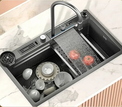 ULOVEHOUSE Digital Waterfall Kitchen Sink with Honeycomb Embossed Washbasin