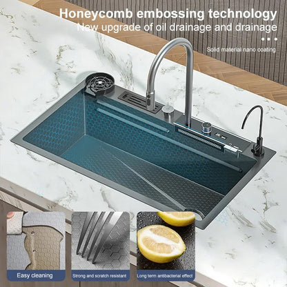 ULOVEHOUSE Digital Waterfall Kitchen Sink with Honeycomb Embossed Washbasin