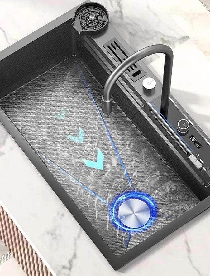 ULOVEHOUSE Digital Waterfall Kitchen Sink with Honeycomb Embossed Washbasin