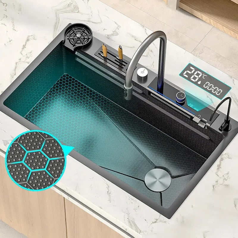 ULOVEHOUSE Digital Waterfall Kitchen Sink with Honeycomb Embossed Washbasin