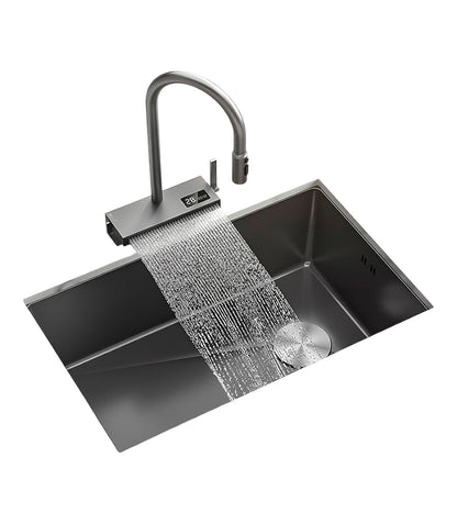 ULOVEHOUSE Black Stainless Steel Sink with Waterfall Design, Large Single Basin for Kitchen