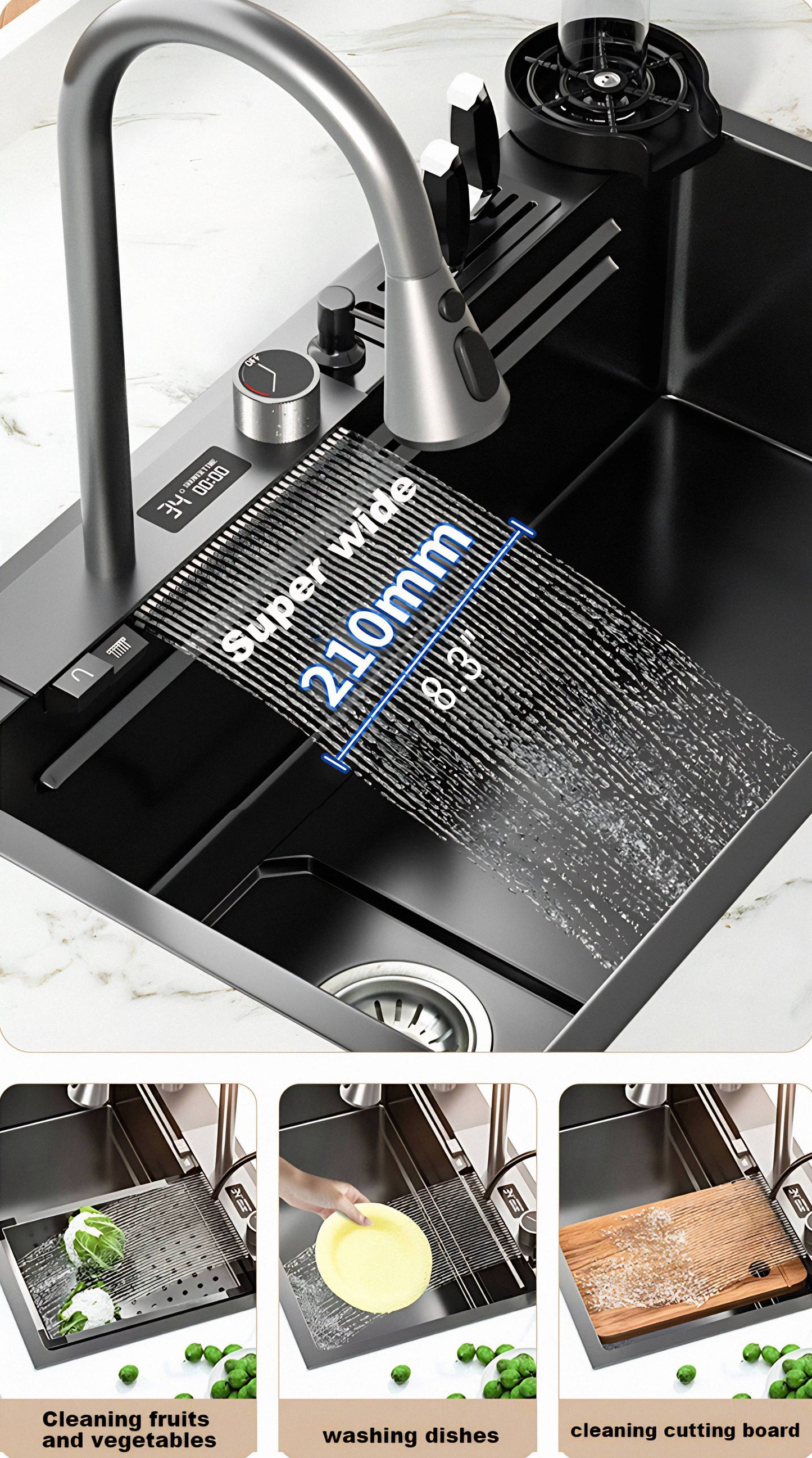 ULOVEHOUSE Stainless Steel Waterfall Sink 304 with Digital Display Multifunction Touch for Kitchen